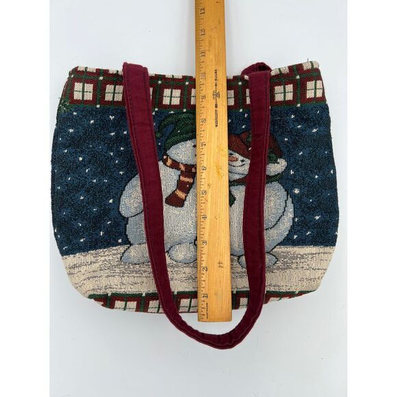 Festive Snowman Winter Holiday Tapestry Tote Bag with Burgundy Straps VINTAGE - Picture 5 of 6
